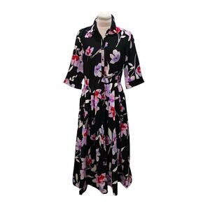 Calvin Klein Black Floral Cotton Shirt Dress Button Up SMALL Maxi Pockets Collar